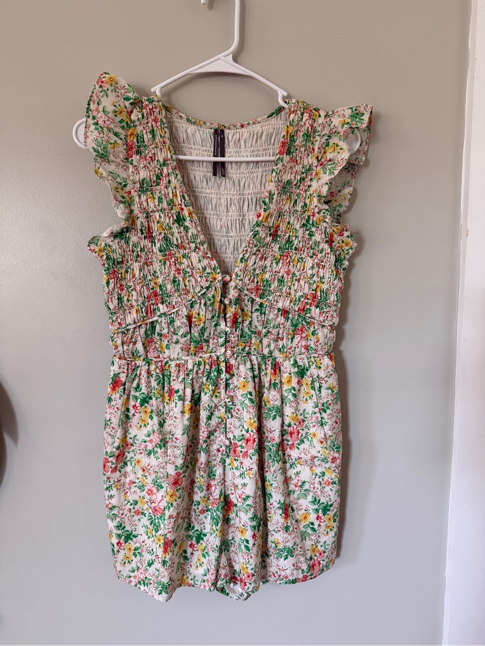 Anthropologie Floral Smocked Romper in White, Green, Orange, Yellow
